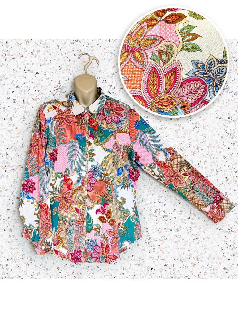 Foxcroft Charlie Patchwork Tropical Floral Boho Cotton Button Down Blouse Sz 16